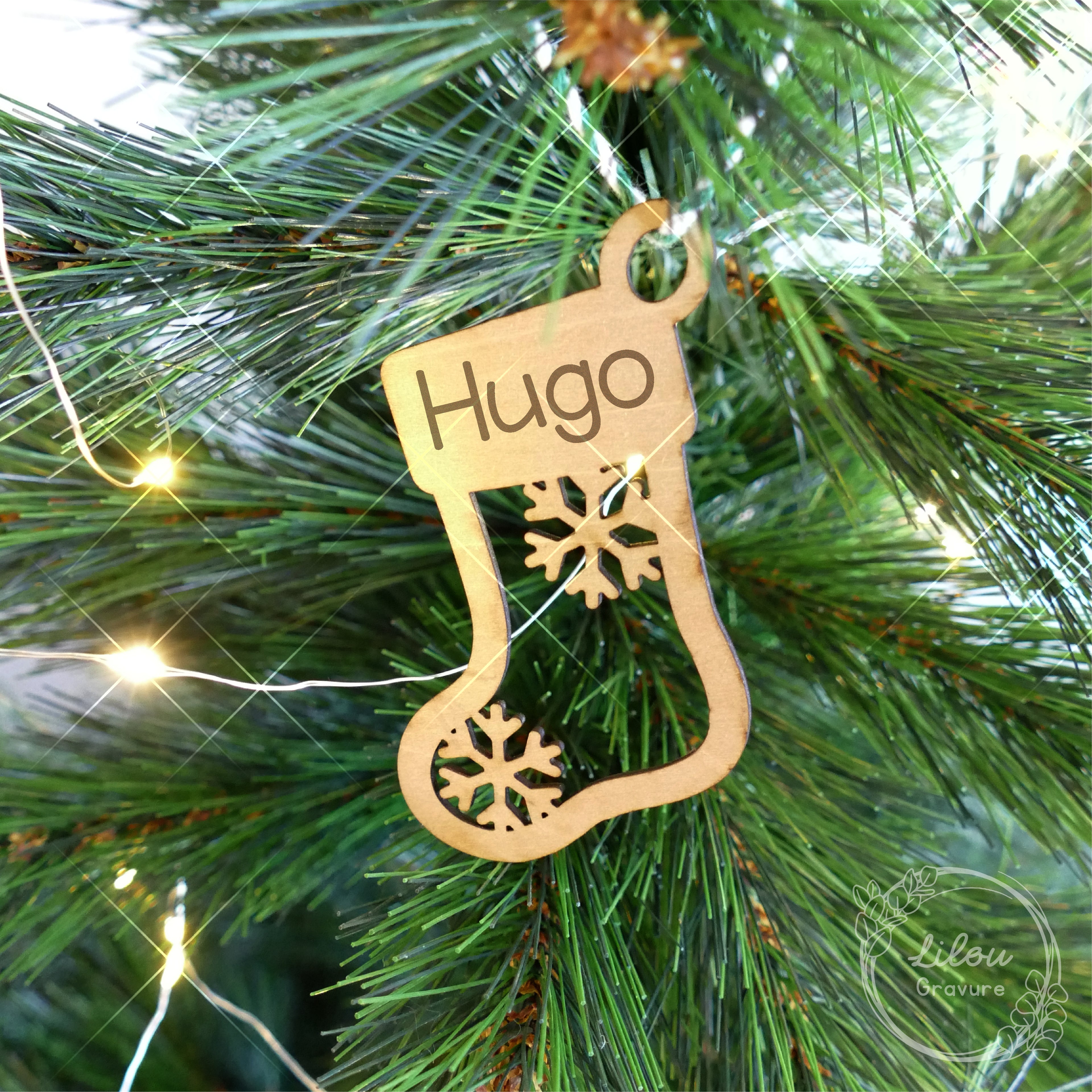 décoration de sapin chaussette en bois – gravure prénom – artisanat