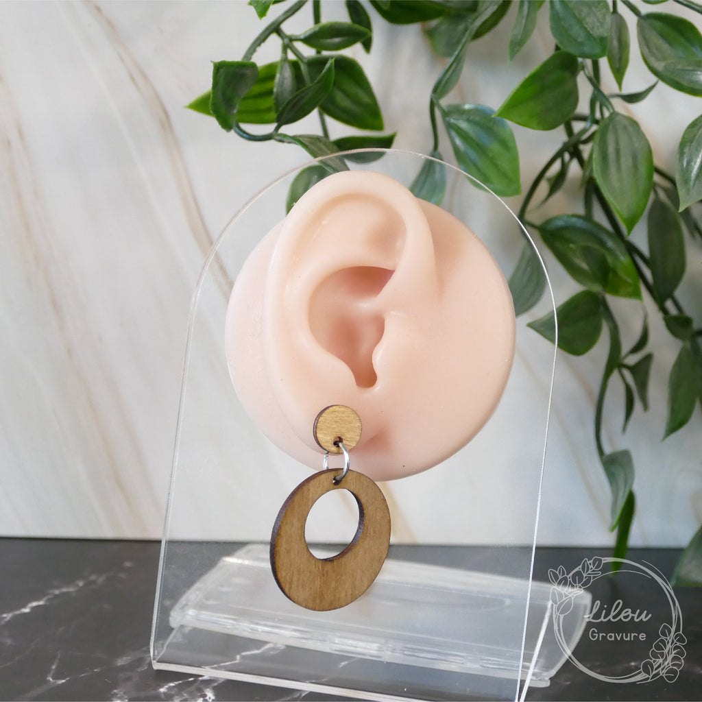 Boucles d’oreilles pendantes en bois naturel, modèle Aria, fait main