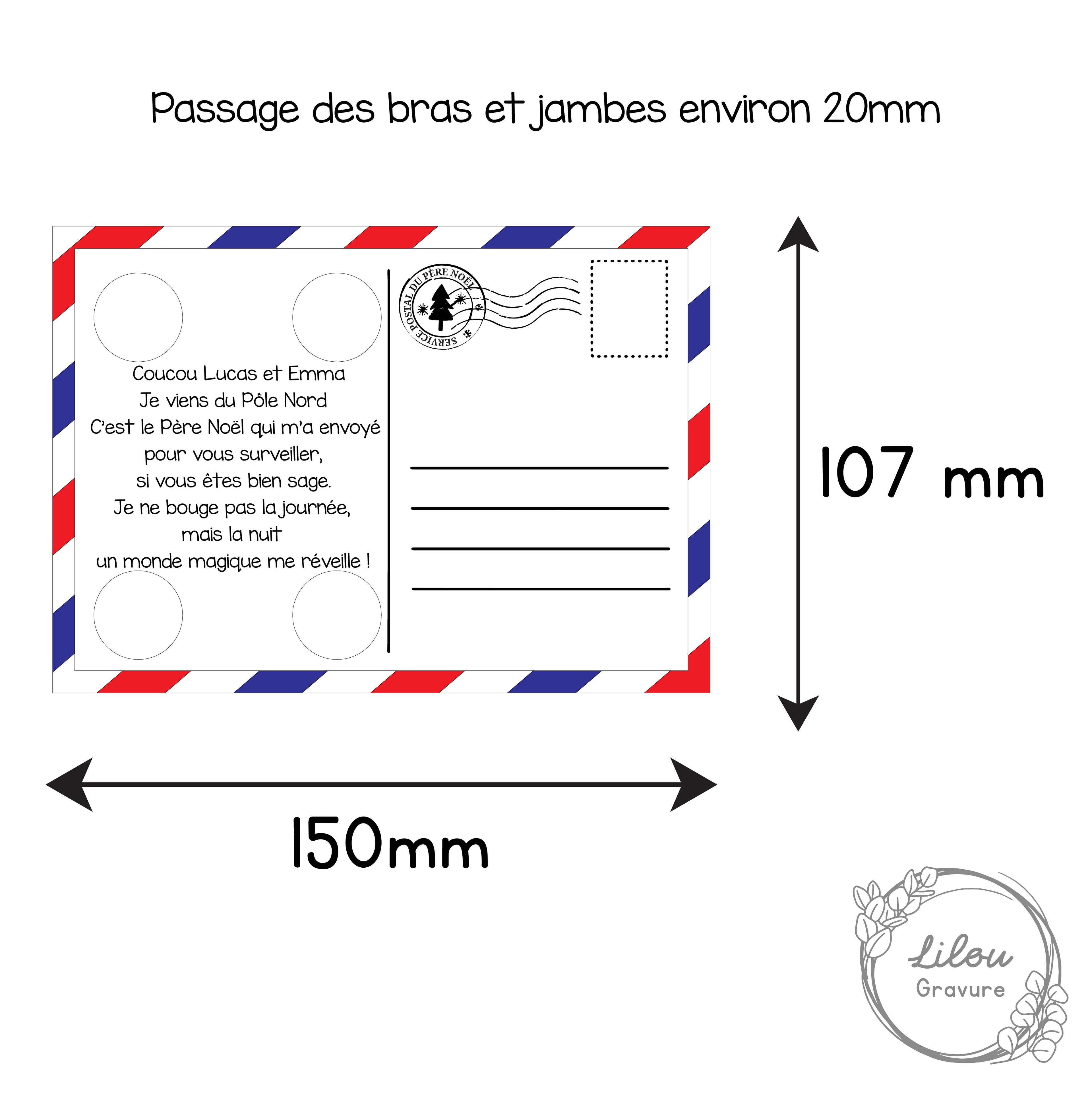 Carte postale en bois avec emplacement pour bras et jambes du lutin – artisanat, bois gravé.