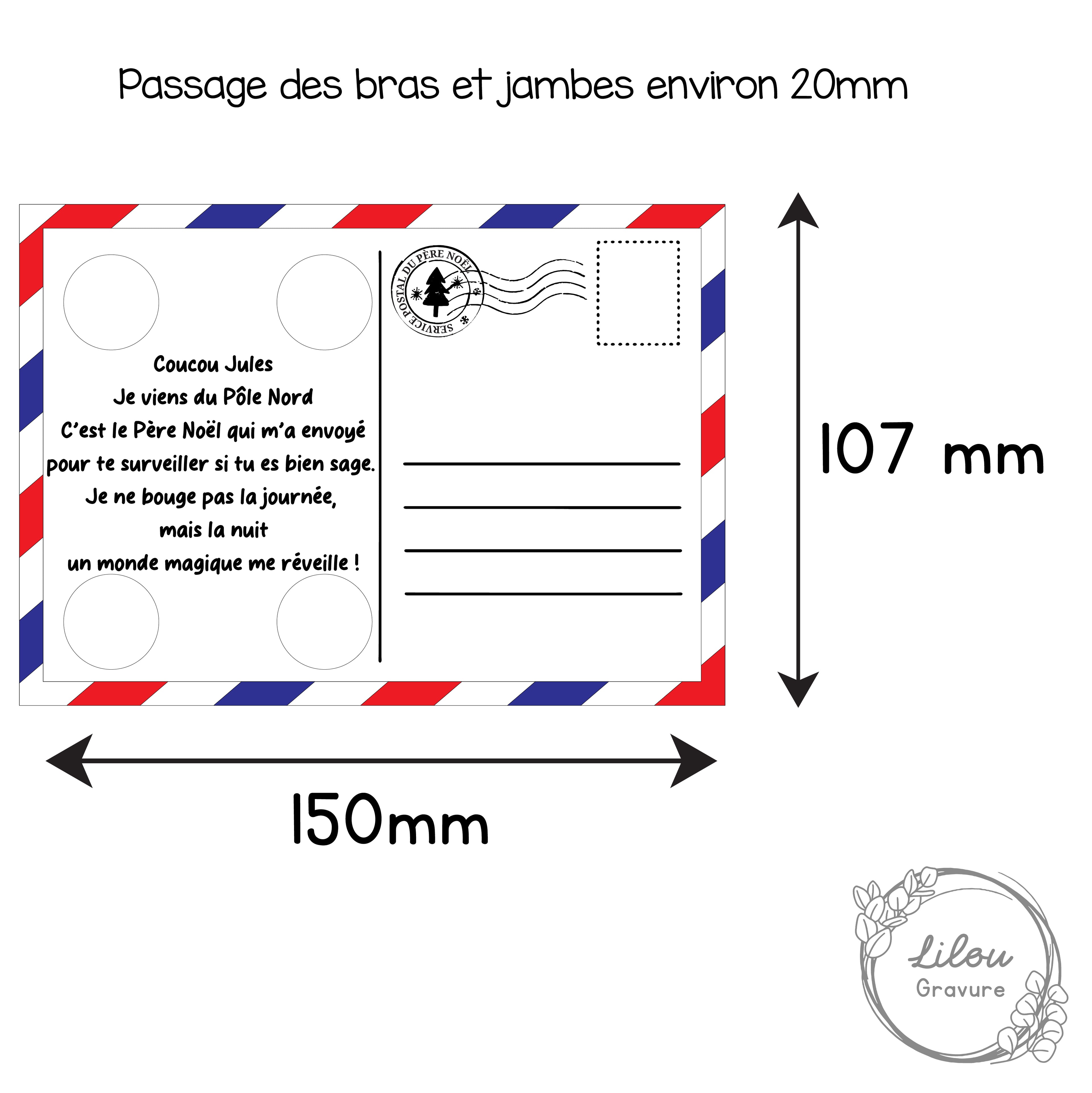 Schéma technique des dimensions de la carte postale en bois – forme, matière, découpe laser.