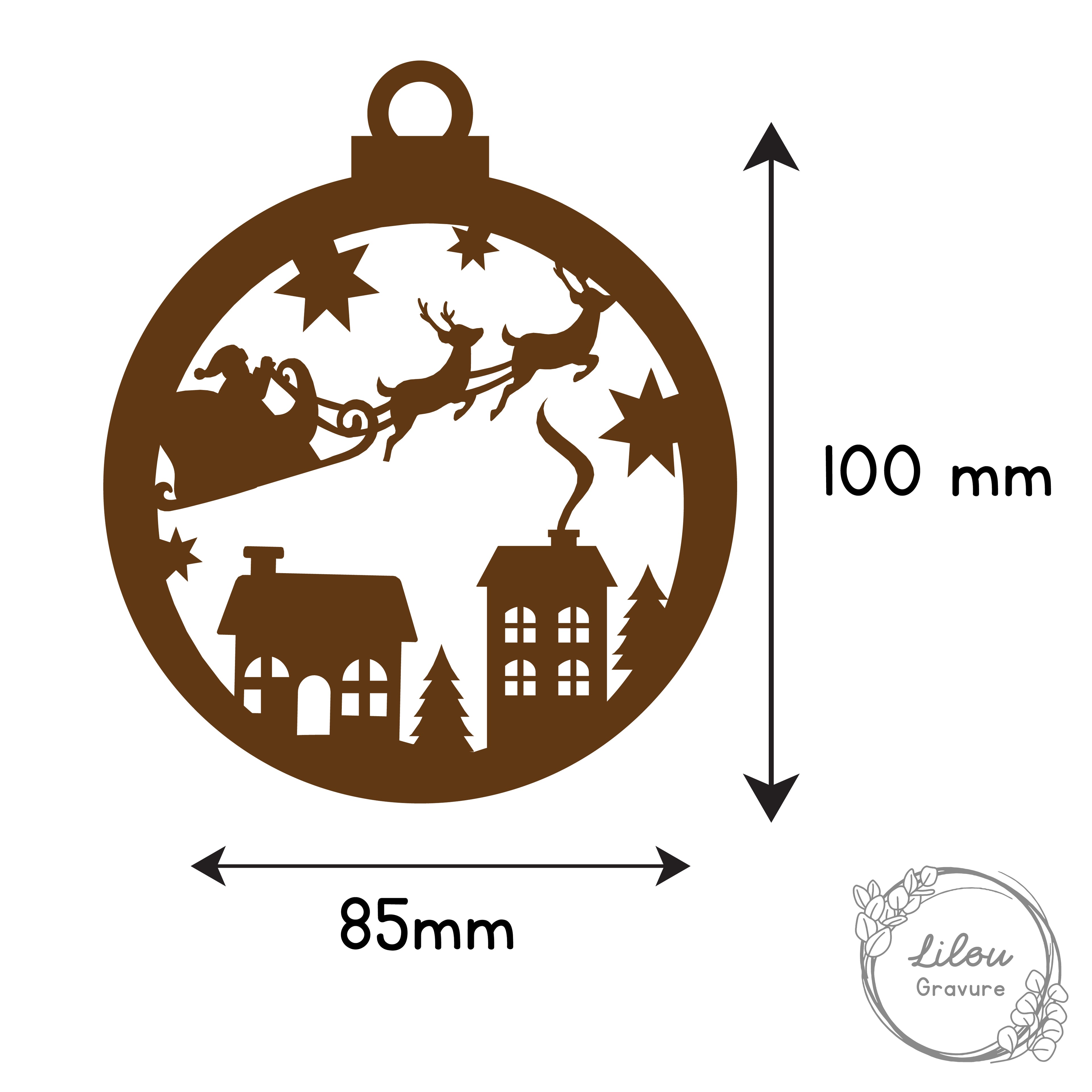 Dimensions boule de Noël bois, forme ronde, motif traîneau et village, artisanat