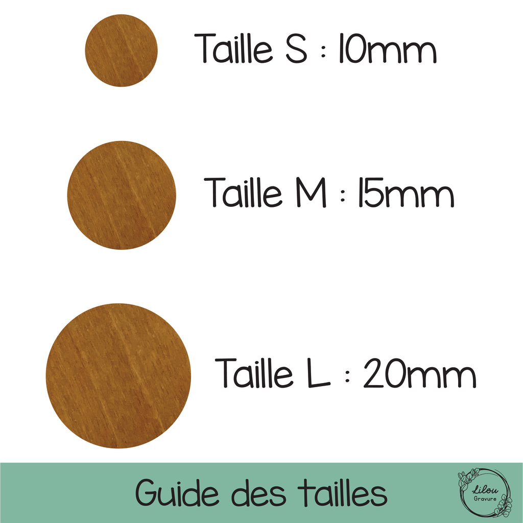 Guide des tailles des boucles d’oreilles Iris – diamètre S 10 mm, M 15 mm, L 20 mm