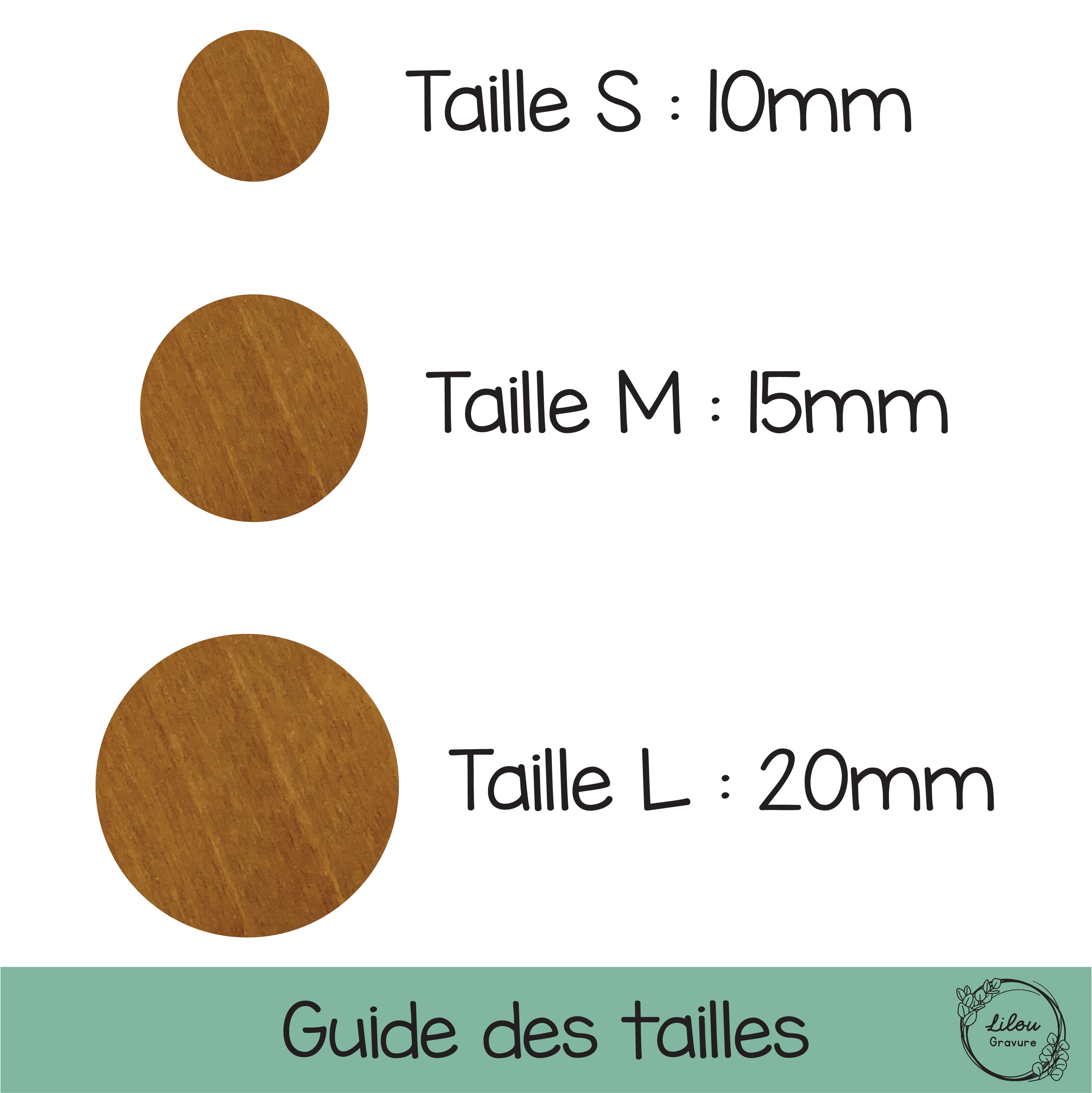 Guide des tailles des boucles d’oreilles Iris – diamètre S 10 mm, M 15 mm, L 20 mm